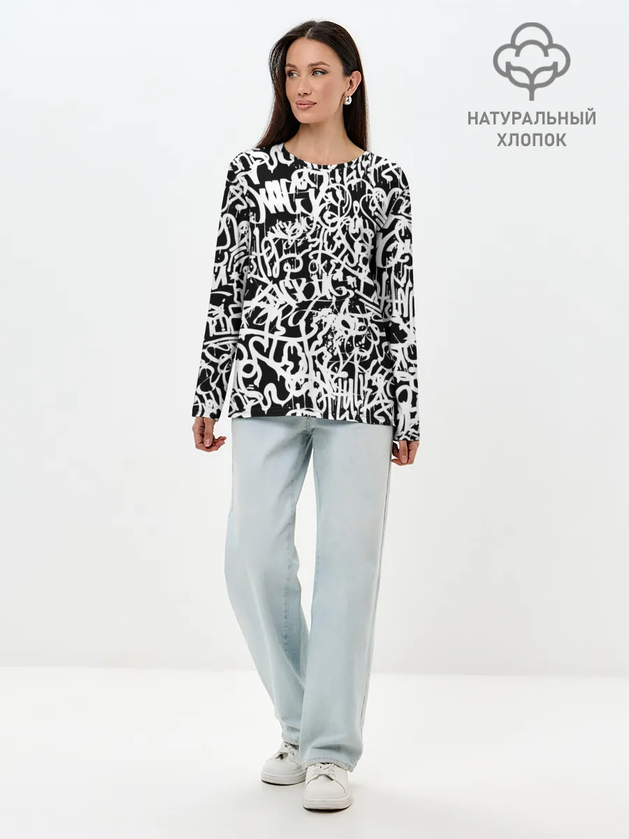 Лонгслив женский. Хлопок / Graffiti white on black