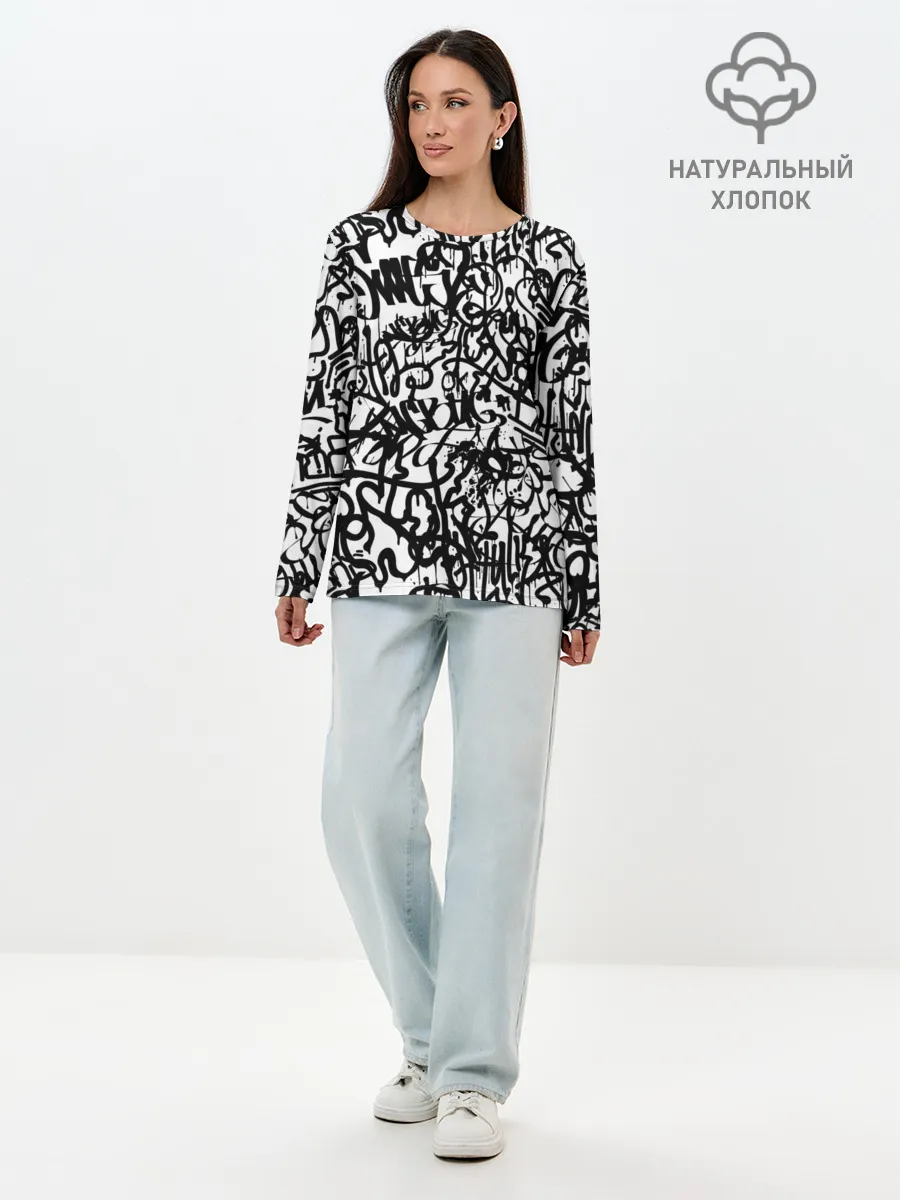 Лонгслив женский. Хлопок / Graffiti black on white