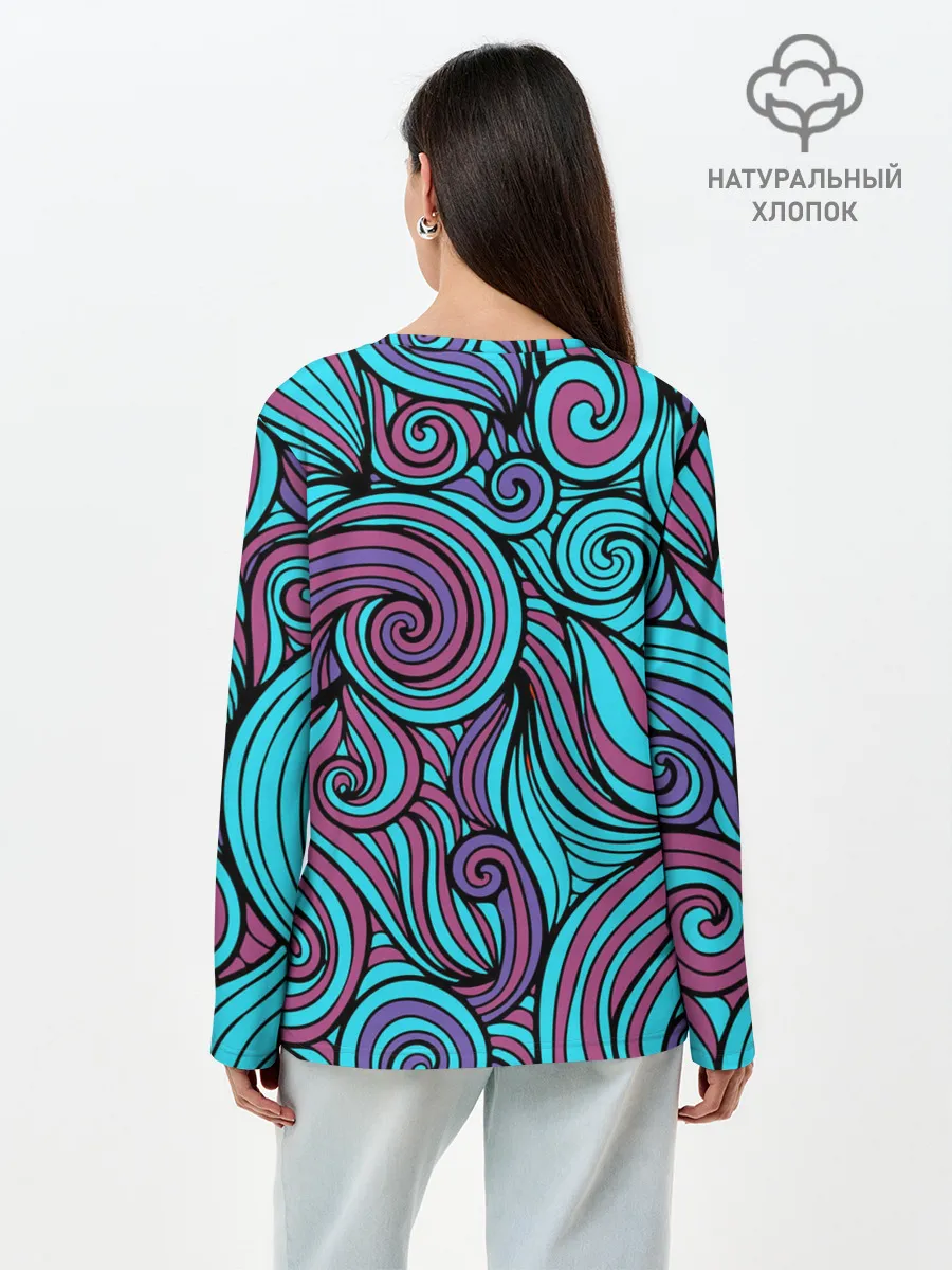 Лонгслив женский. Хлопок / Синие листья