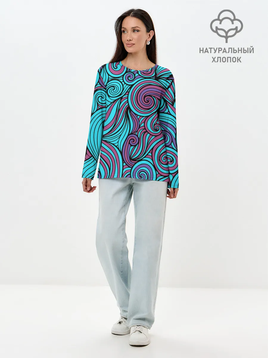 Лонгслив женский. Хлопок / Синие листья