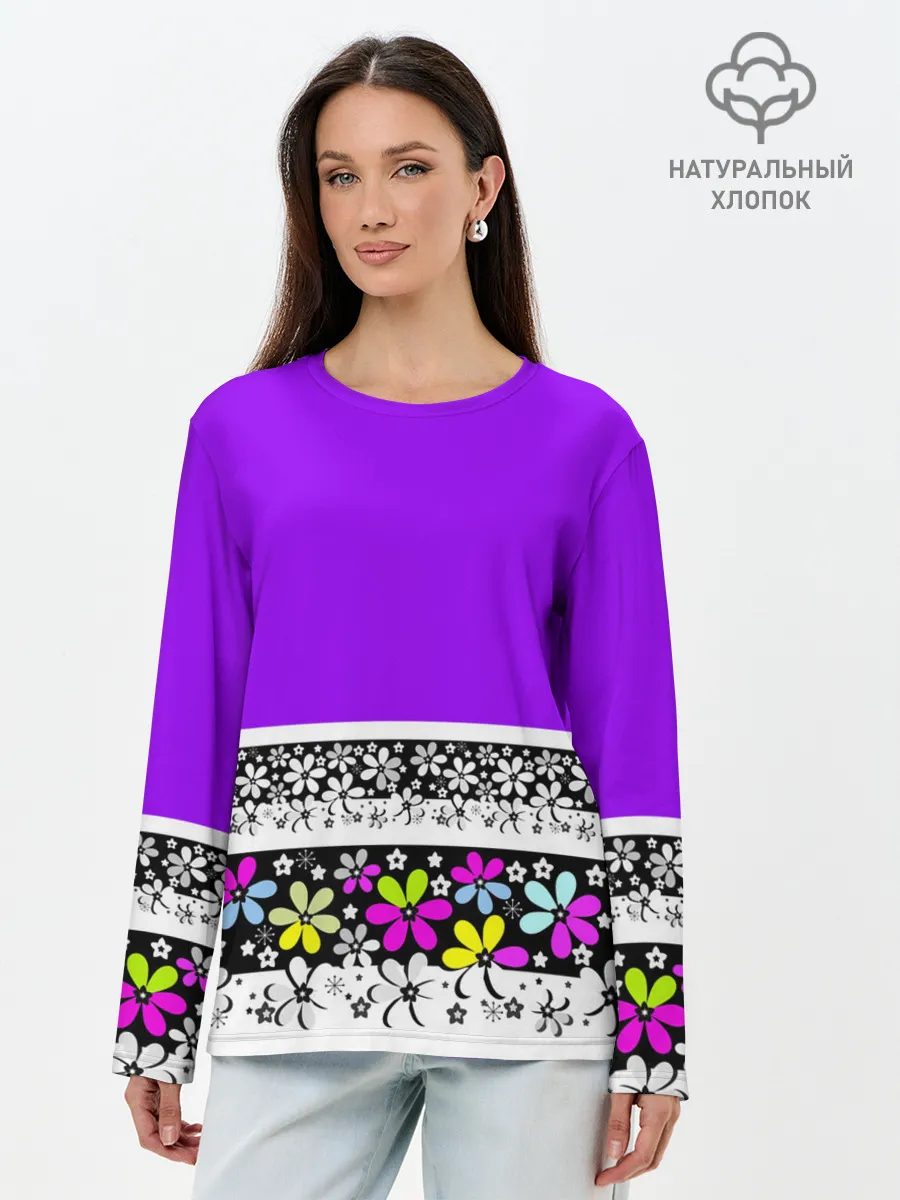 Лонгслив женский. Хлопок / Яркий фиолетовый цветочный