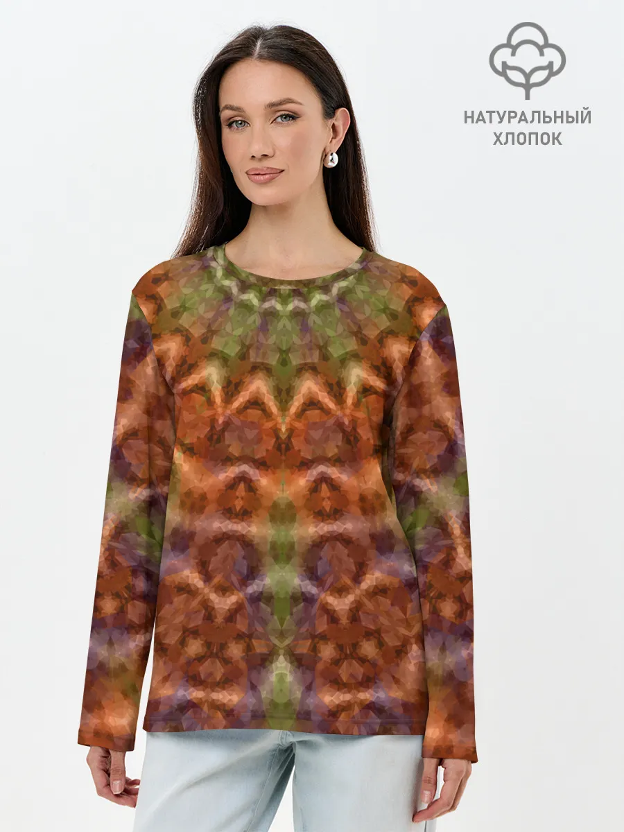 Лонгслив женский. Хлопок / Оранжево-оливковый калейдоскоп