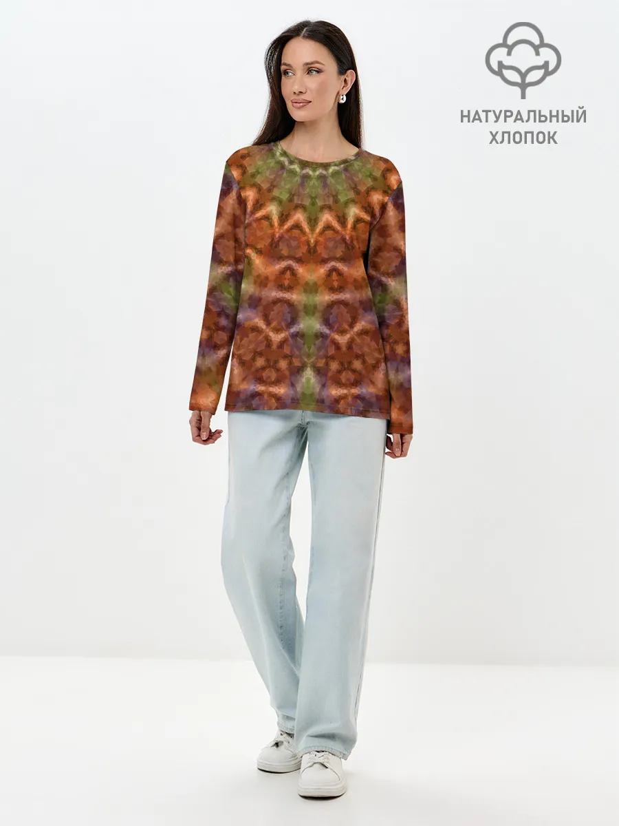 Лонгслив женский. Хлопок / Оранжево-оливковый калейдоскоп