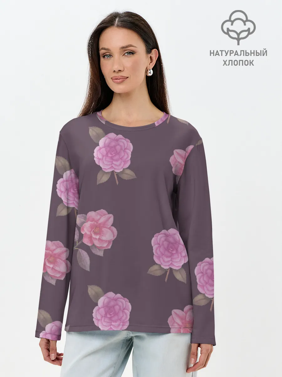 Лонгслив женский. Хлопок / Камелии на вишневом фоне