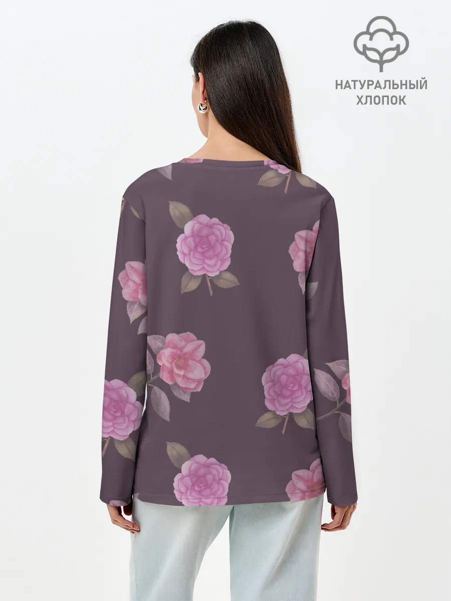 Лонгслив женский. Хлопок / Камелии на вишневом фоне