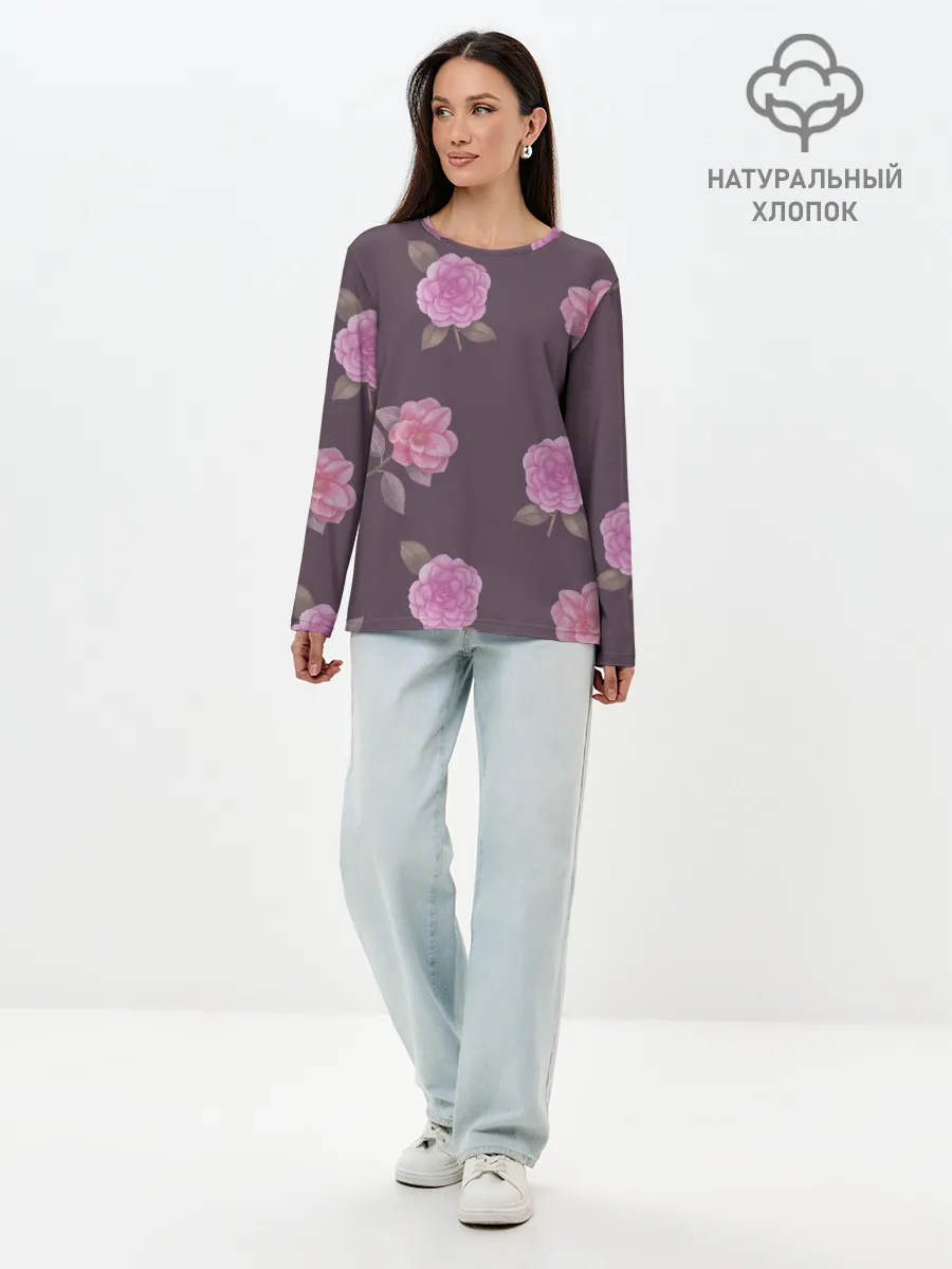 Лонгслив женский. Хлопок / Камелии на вишневом фоне