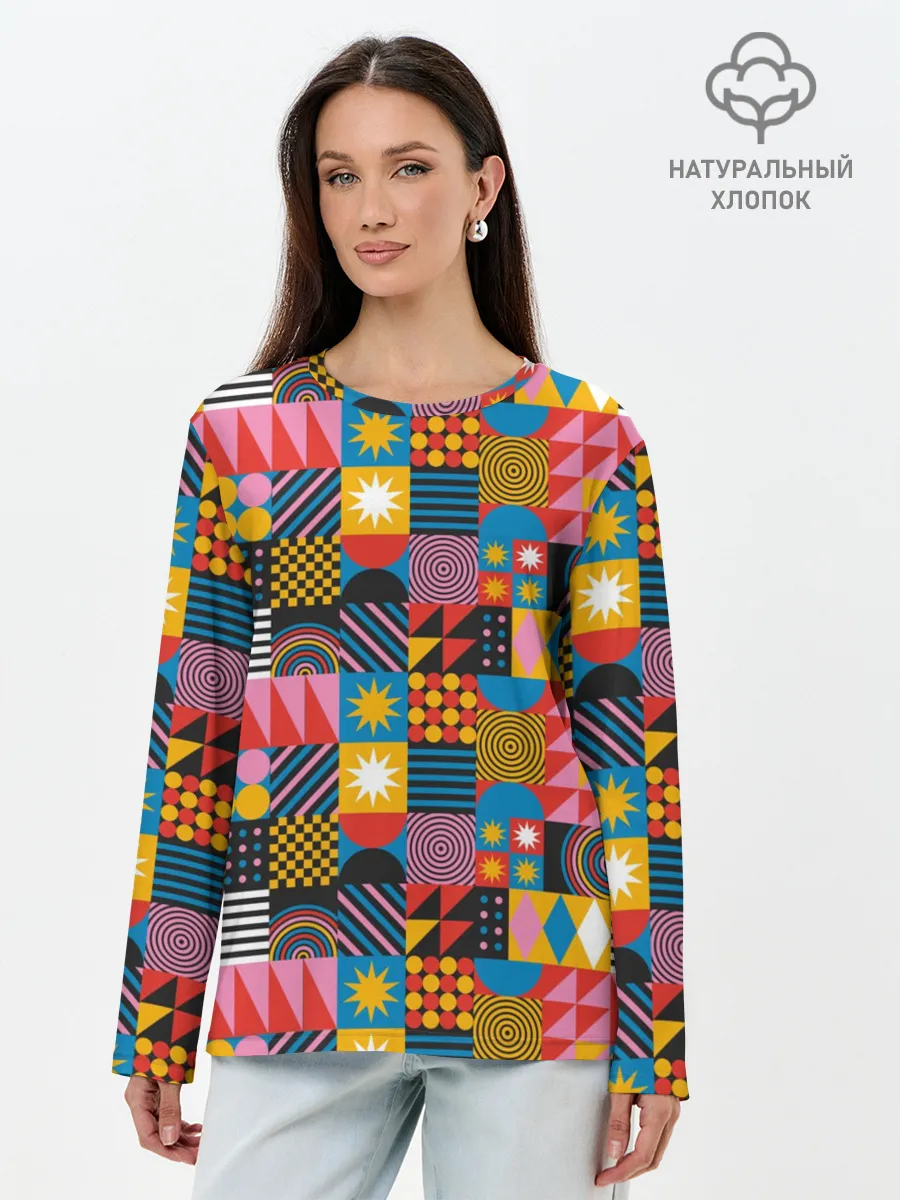 Лонгслив женский. Хлопок / Печворк. Мозаика.Настроение