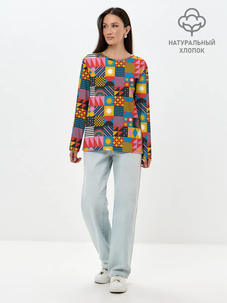 Лонгслив женский. Хлопок / Печворк. Мозаика.Настроение