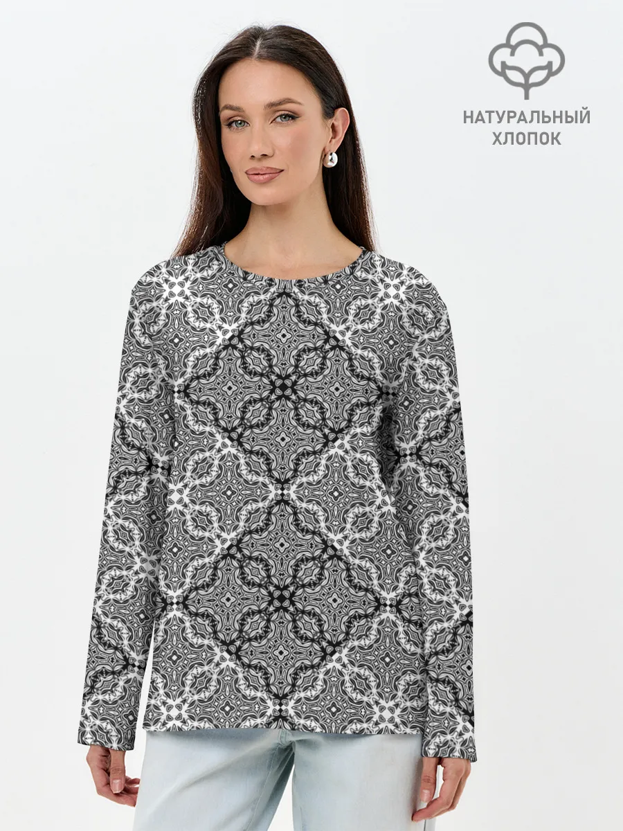 Лонгслив женский. Хлопок / Черно-белый орнамент
