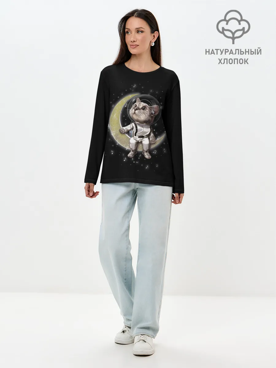 Лонгслив женский. Хлопок / КОТИК НА ЛУНЕ