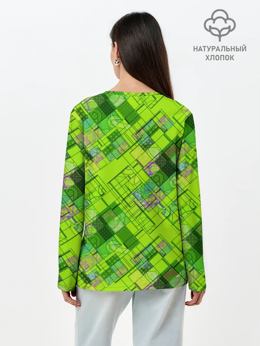 Лонгслив женский. Хлопок / Ярко-зеленый абстрактный узор