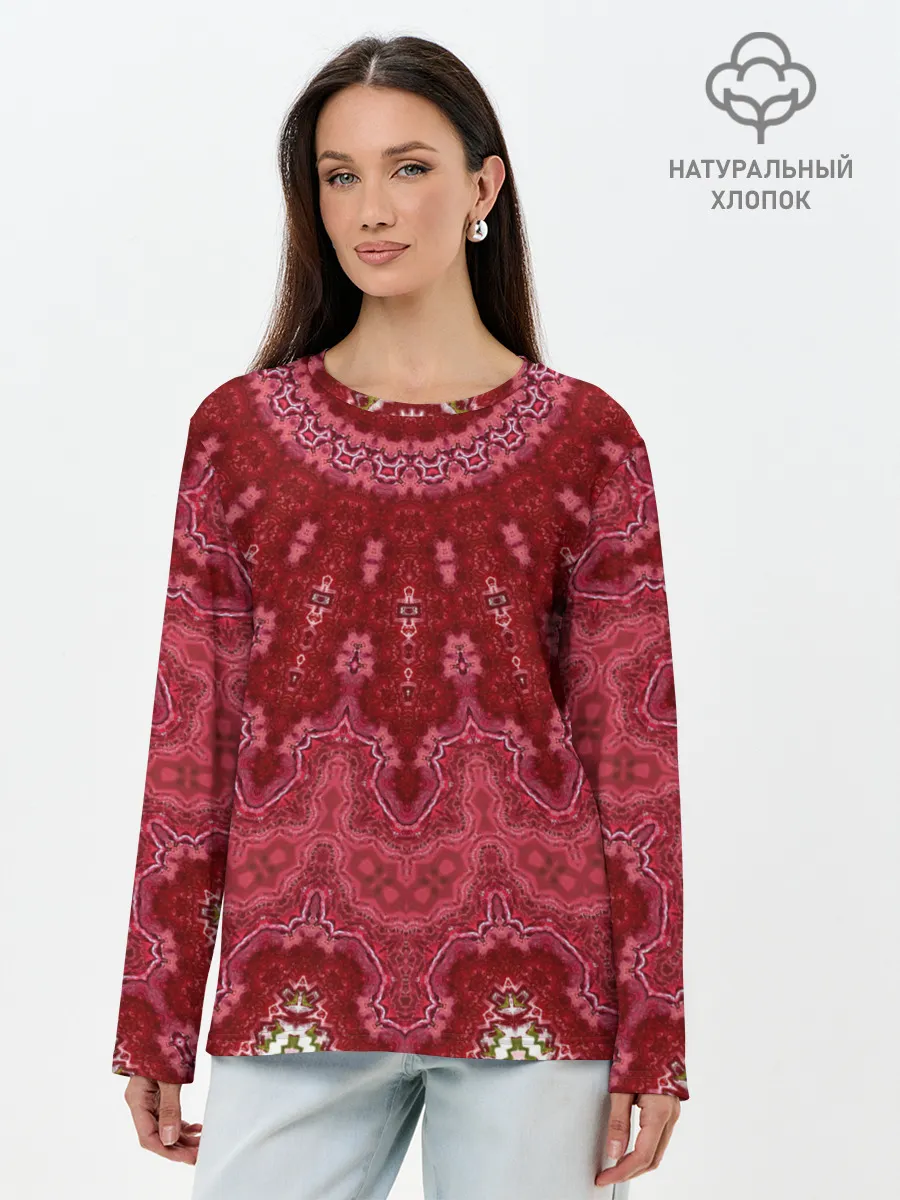 Лонгслив женский. Хлопок / Красно-розовый калейдоскоп