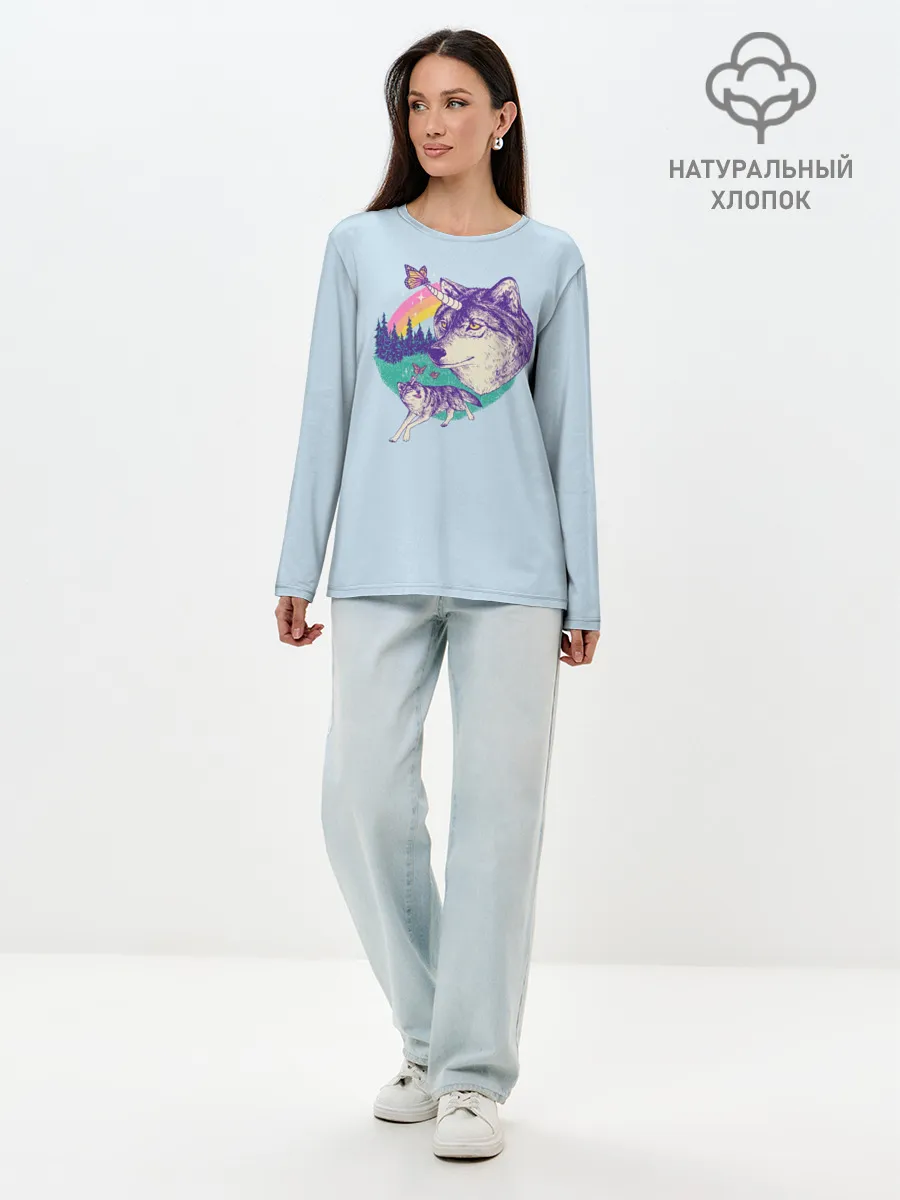 Лонгслив женский. Хлопок / Волк единорог