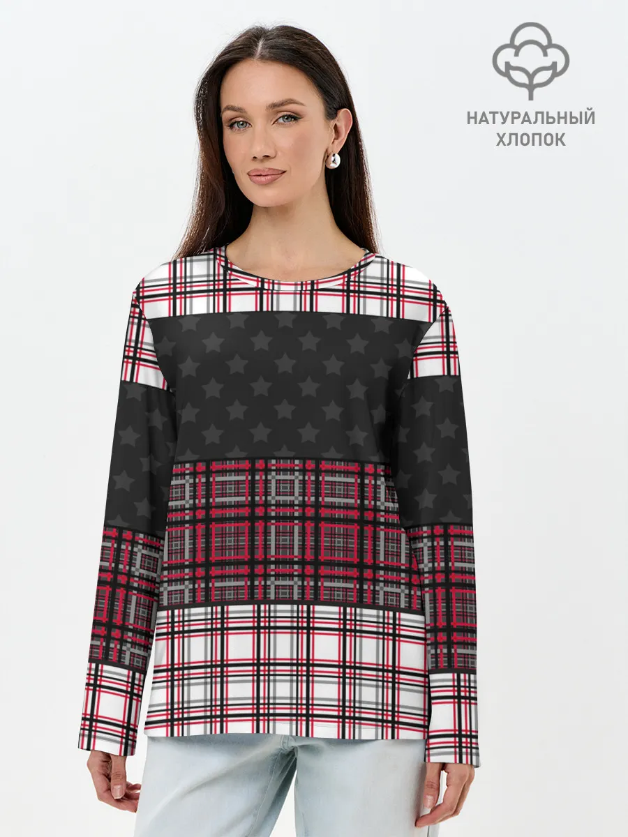 Лонгслив женский. Хлопок / Комбинированный красно-серый