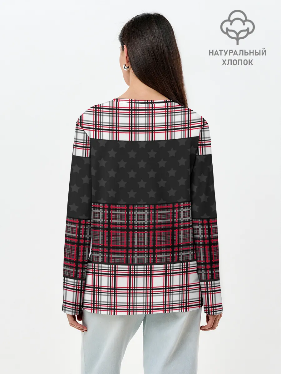 Лонгслив женский. Хлопок / Комбинированный красно-серый