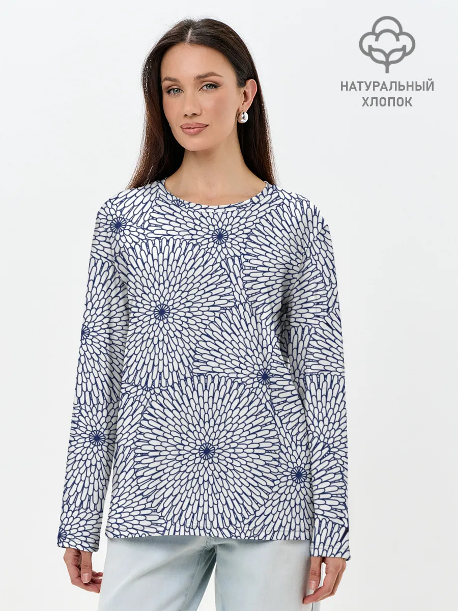 Лонгслив женский. Хлопок / БЕЛЫЕ ХРИЗАНТЕМЫ | ПАТТЕРН