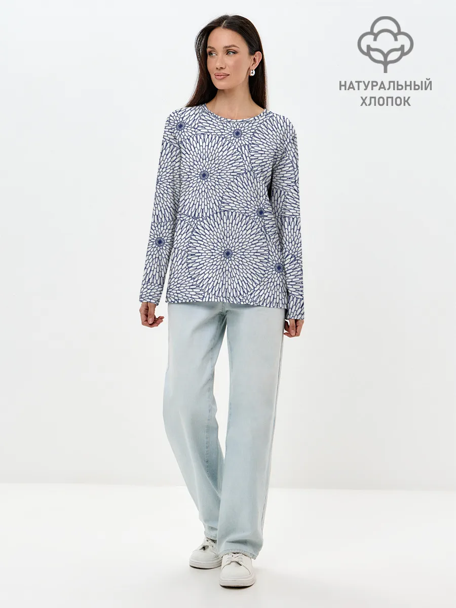 Лонгслив женский. Хлопок / БЕЛЫЕ ХРИЗАНТЕМЫ | ПАТТЕРН