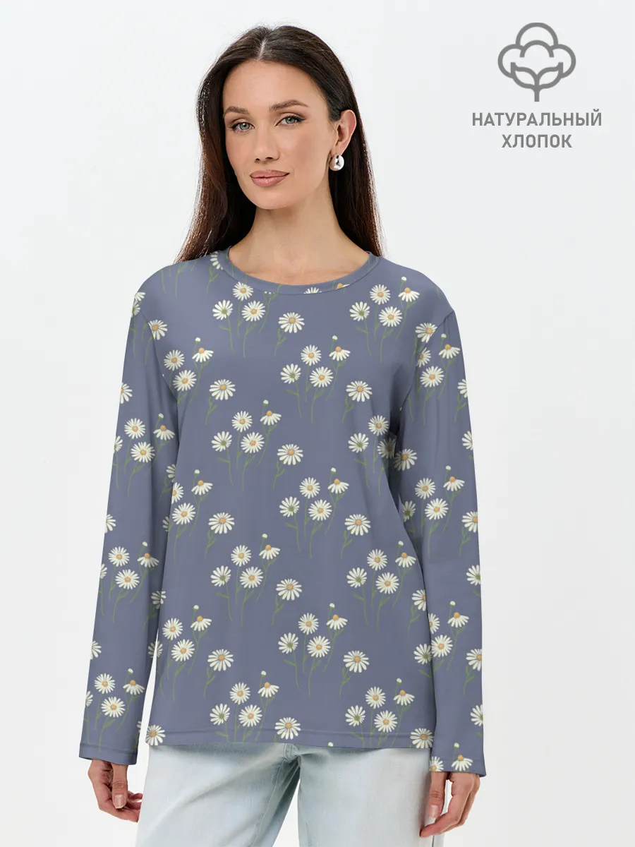 Лонгслив женский. Хлопок / Ромашки на сером паттерн