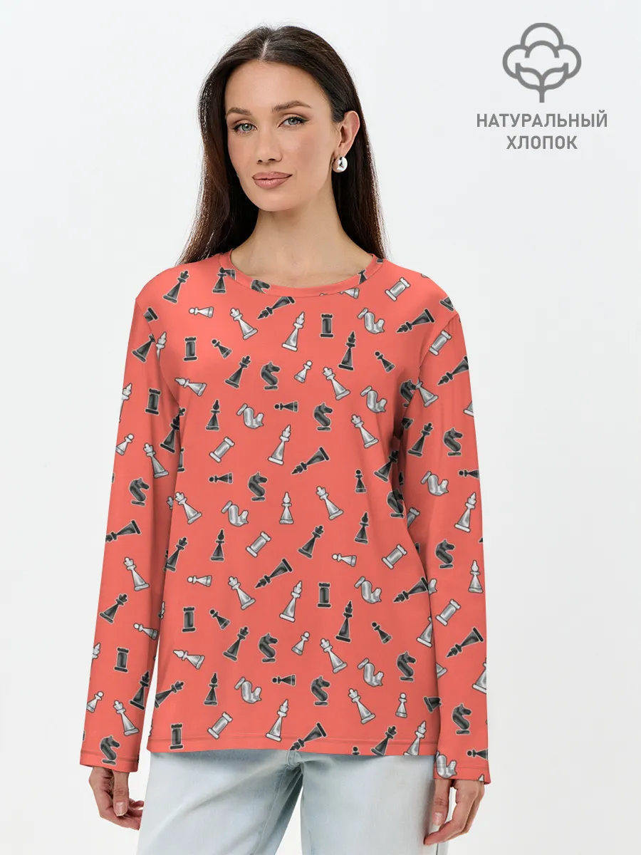 Лонгслив женский. Хлопок / Шахматы паттерн