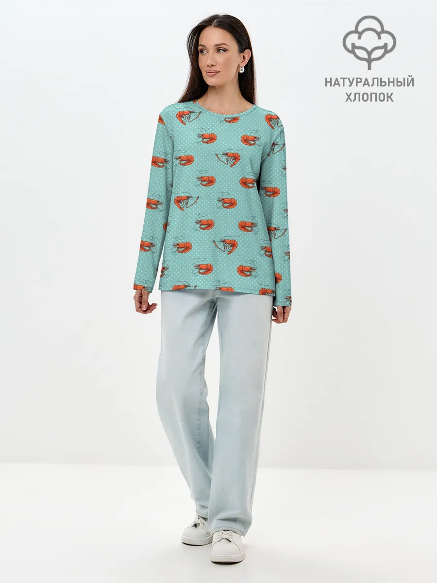 Лонгслив женский. Хлопок / Креветки паттерн