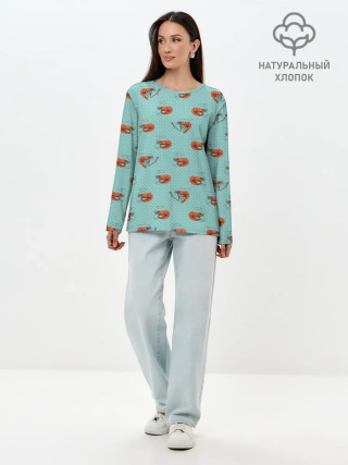 Лонгслив женский. Хлопок / Креветки паттерн