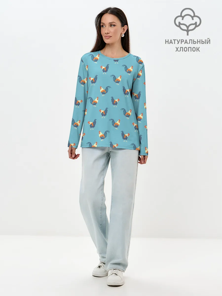 Лонгслив женский. Хлопок / Петушки паттерн