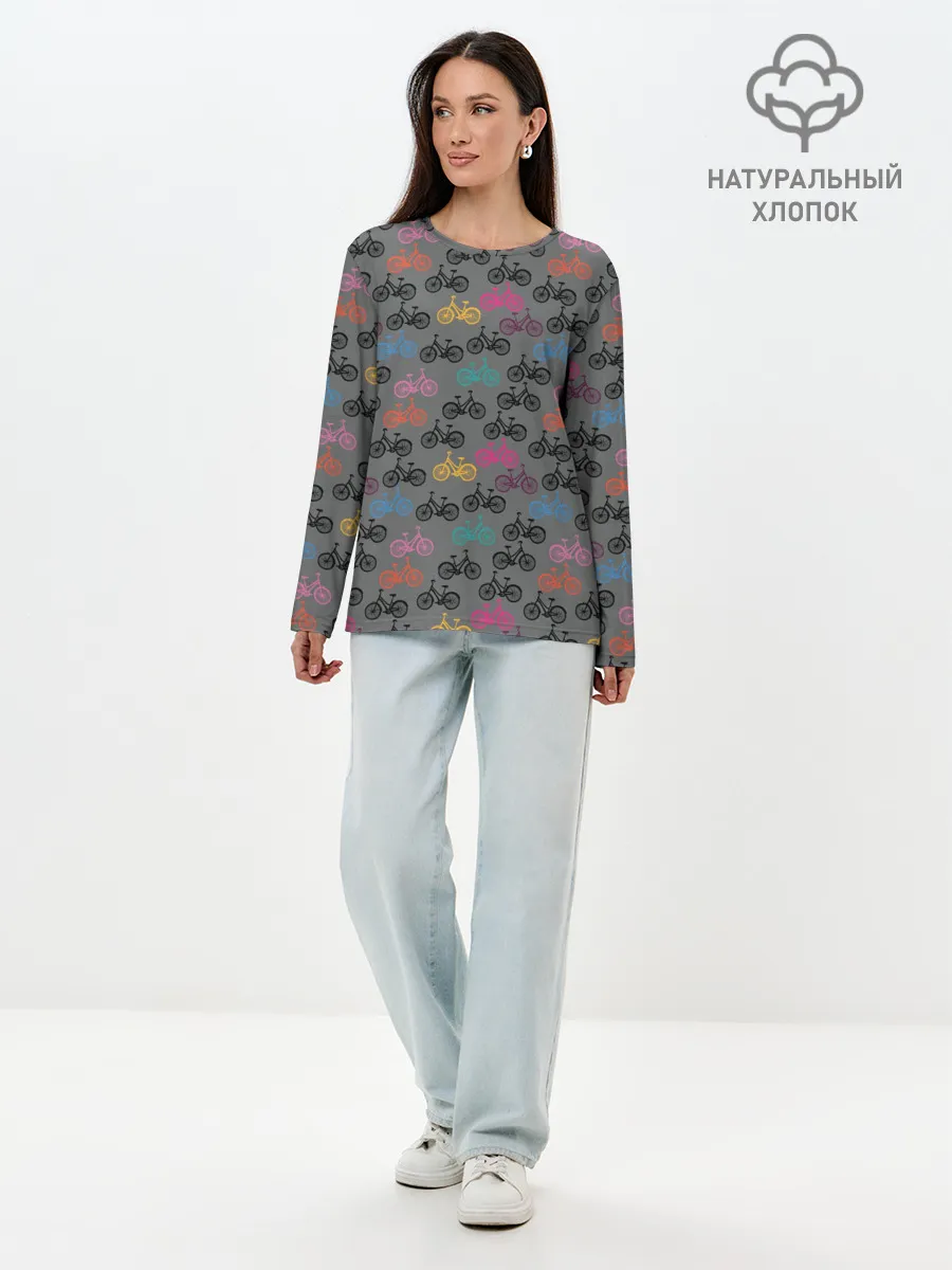 Лонгслив женский. Хлопок / Цветные велосипеды паттерн