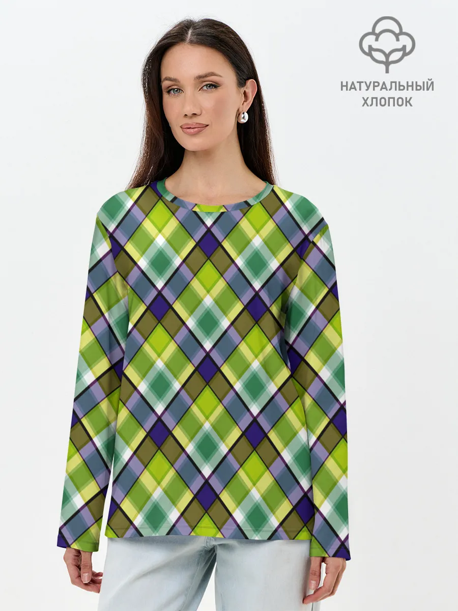 Лонгслив женский. Хлопок / Крупный клетчатый косой узор