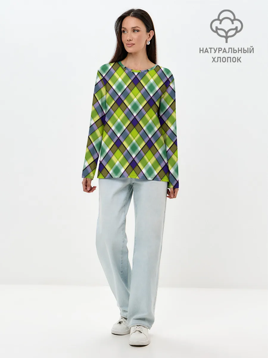 Лонгслив женский. Хлопок / Крупный клетчатый косой узор