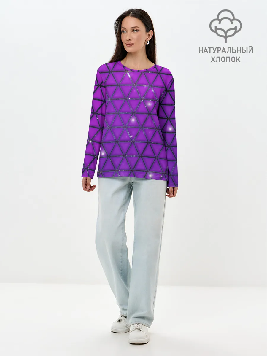 Лонгслив женский. Хлопок / Фиолетовые треугольники