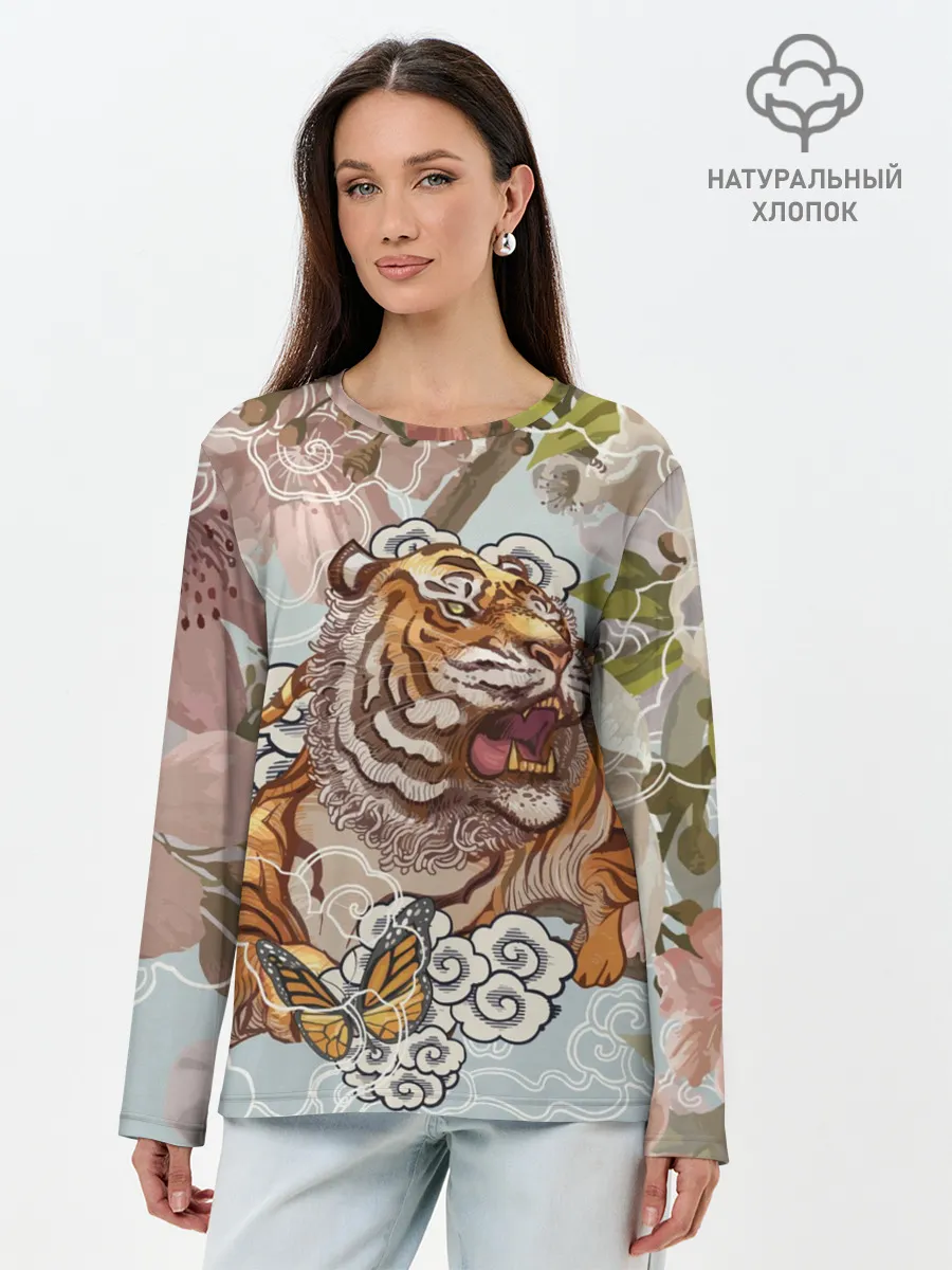 Лонгслив женский. Хлопок / Тигр в облаках