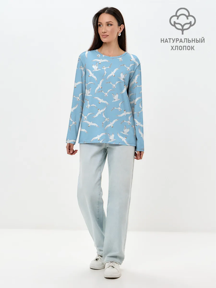 Лонгслив женский. Хлопок / Чайки в небе паттерн