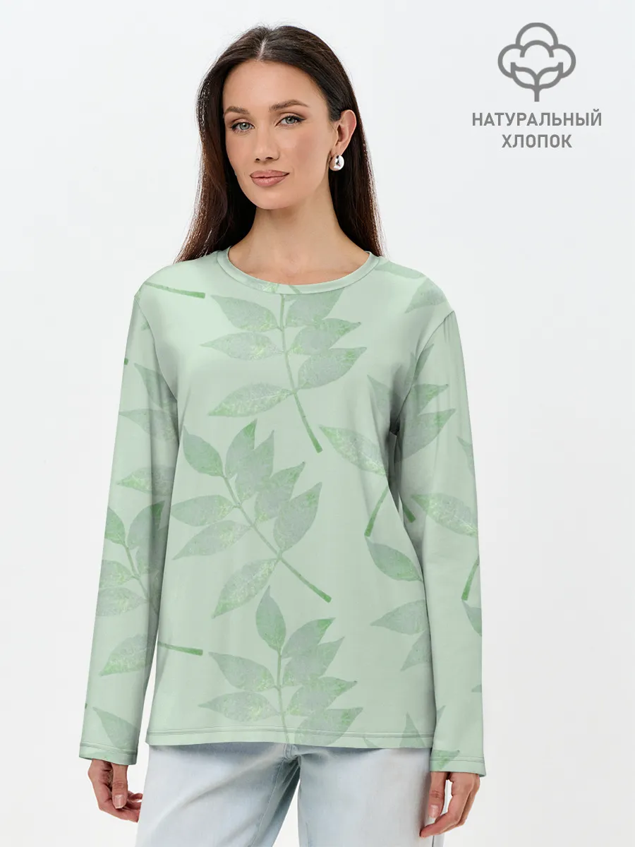 Лонгслив женский. Хлопок / Зеленые листья на светло зеленом