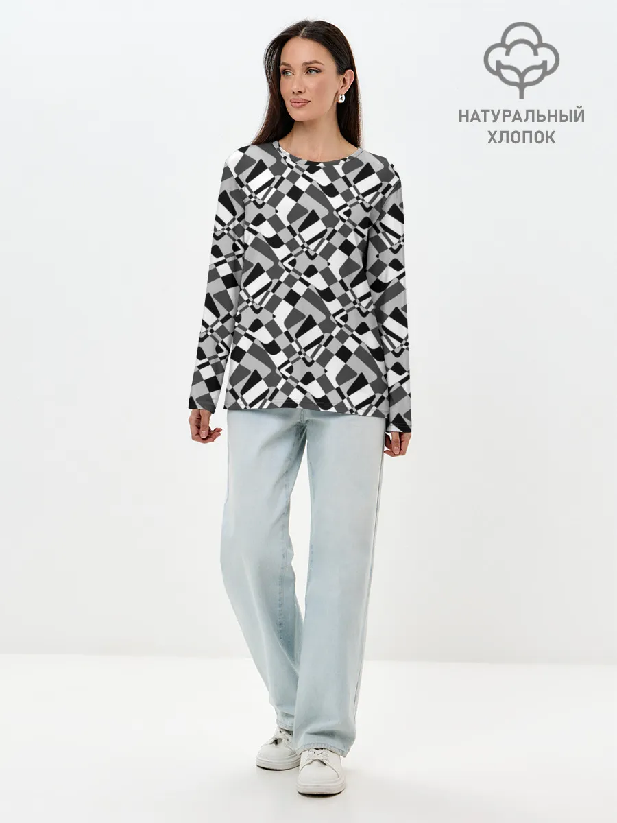 Лонгслив женский. Хлопок / Черно-белый абстрактный узор