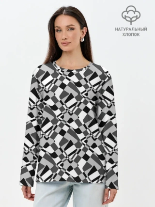 Лонгслив женский. Хлопок / Черно-белый абстрактный узор