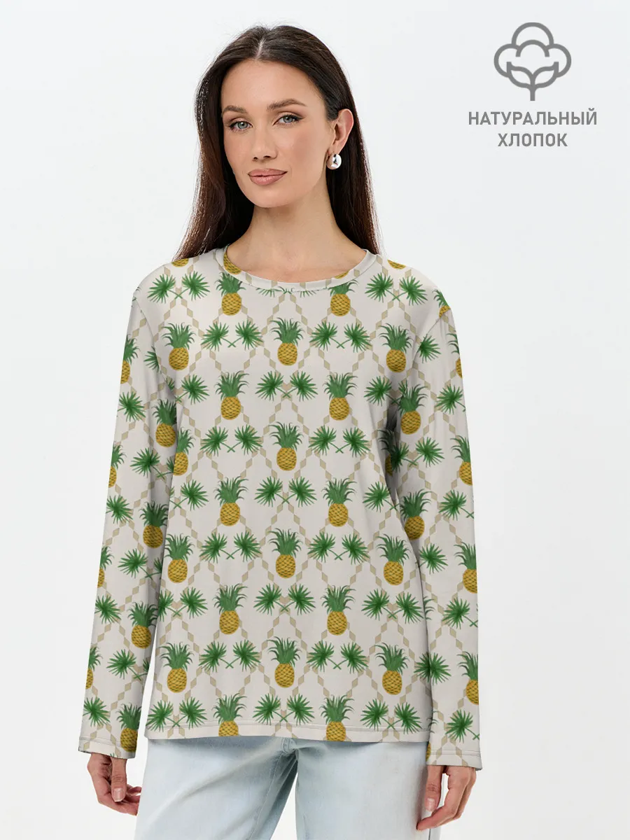 Лонгслив женский. Хлопок / Узор ретро Ананасы