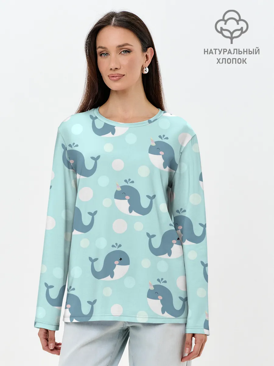 Лонгслив женский. Хлопок / Единорогие киты