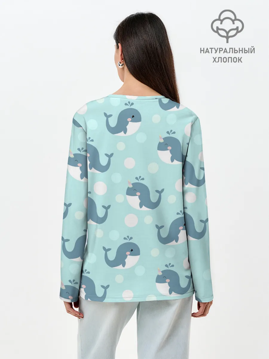 Лонгслив женский. Хлопок / Единорогие киты