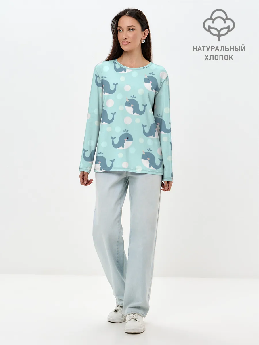 Лонгслив женский. Хлопок / Единорогие киты