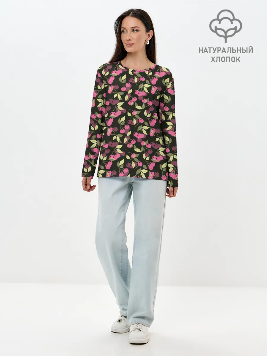 Лонгслив женский. Хлопок / Вишневый узор