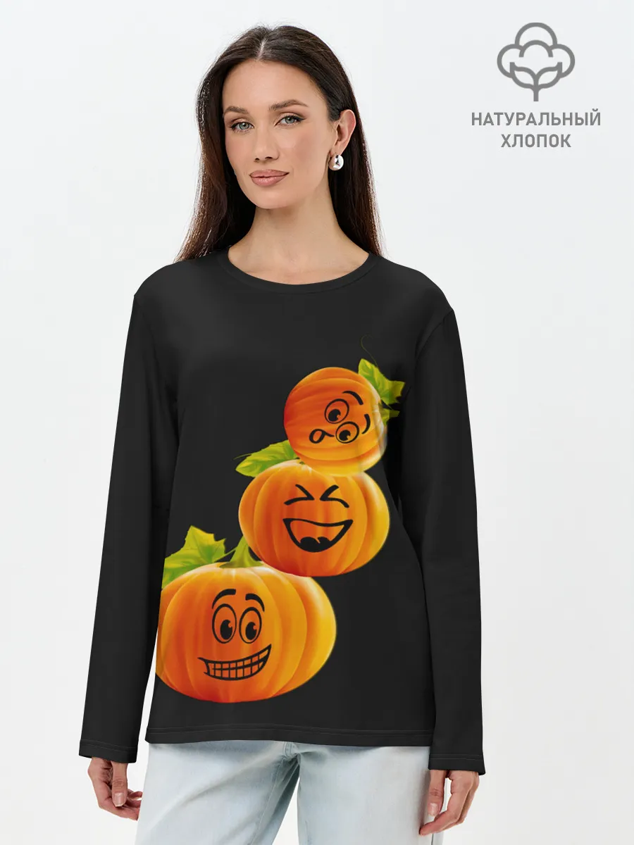 Лонгслив женский. Хлопок / Хэллоуин смешные тыквы