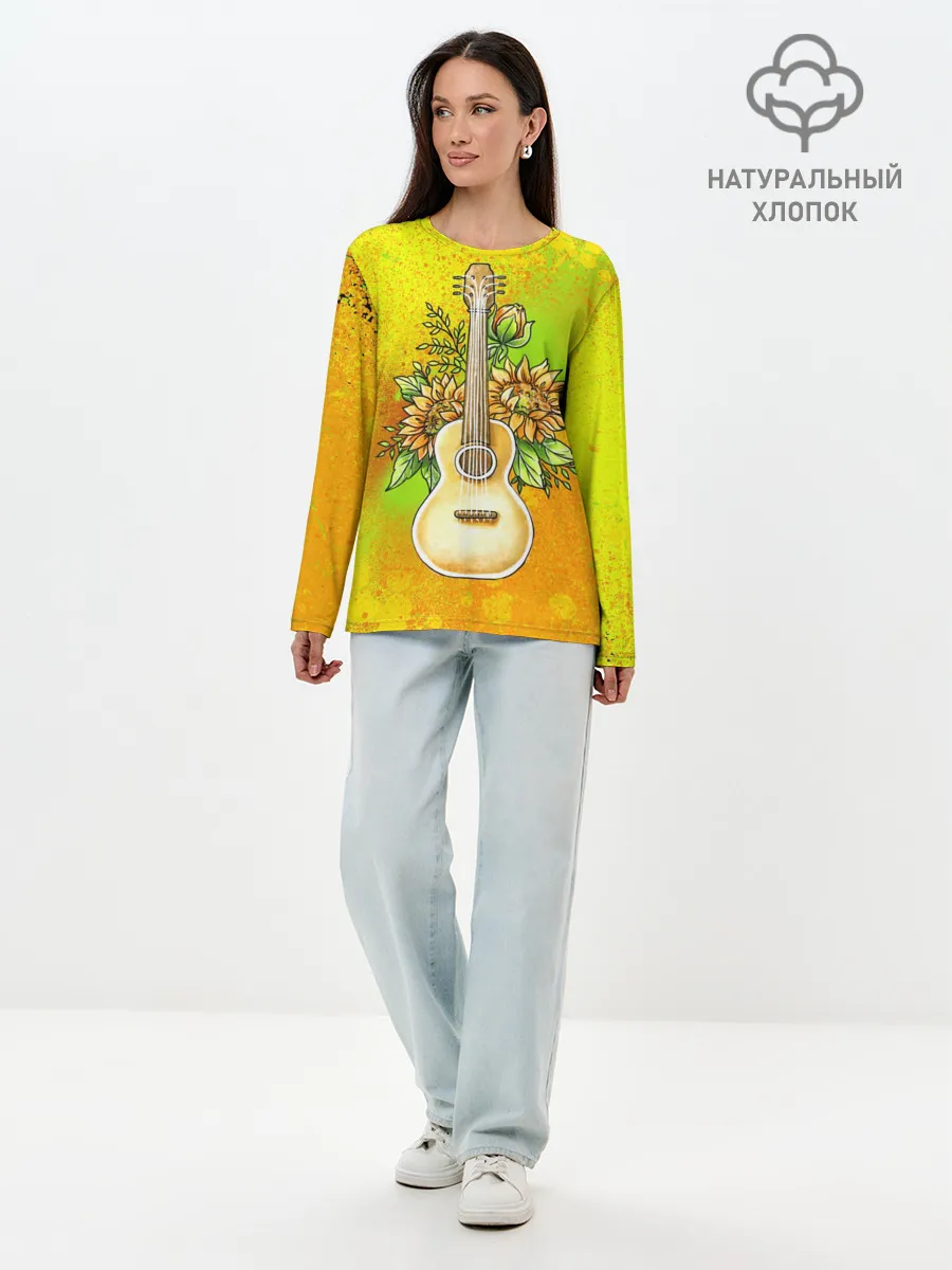 Лонгслив женский. Хлопок / Гитара и подсолнухи