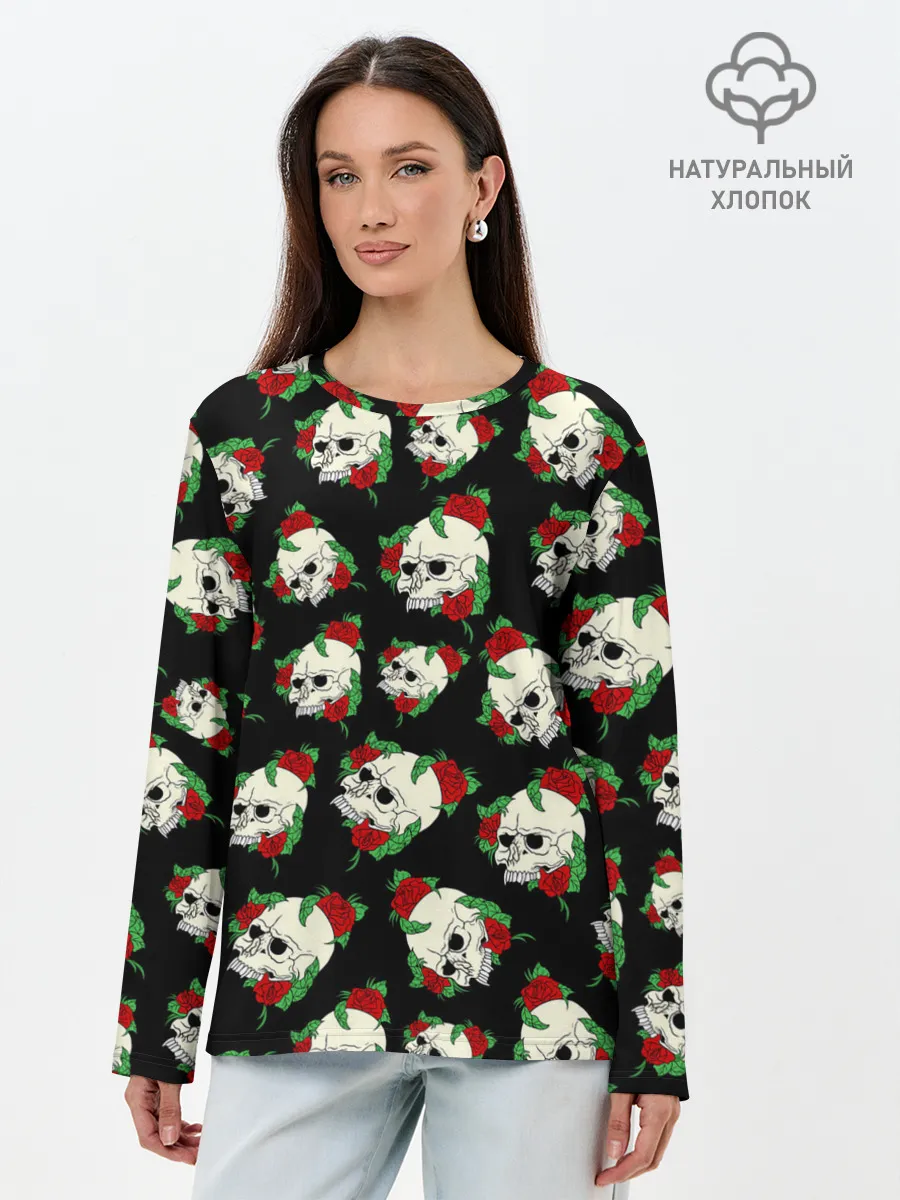 Лонгслив женский. Хлопок / Черепа и розы / Skull and Roses