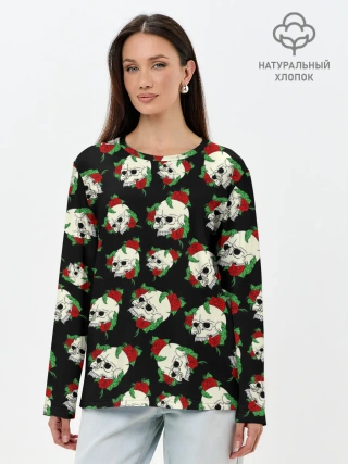 Лонгслив женский. Хлопок / Черепа и розы / Skull and Roses
