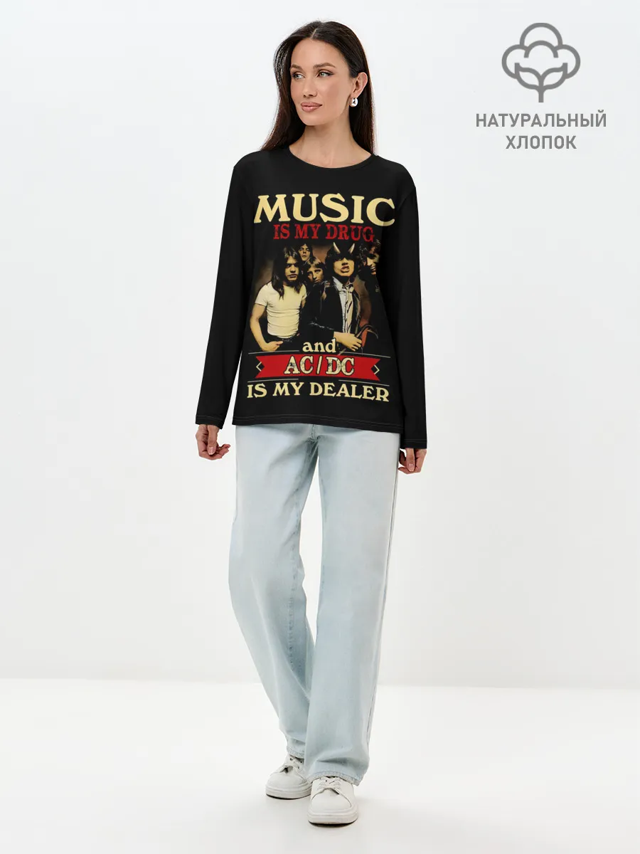 Лонгслив женский. Хлопок / MUSYC IS MY DRUG and AC/DC IS MY DEALER