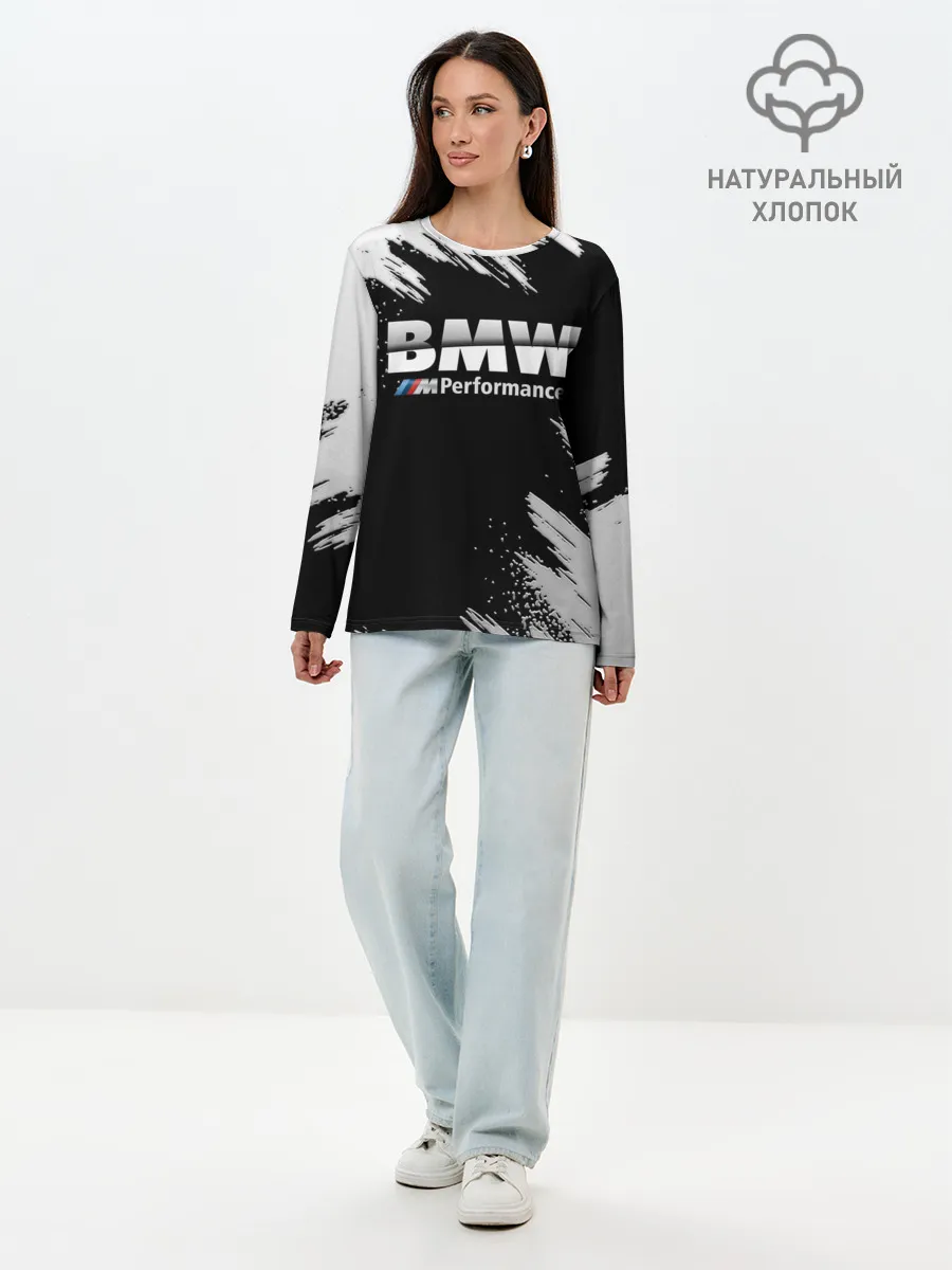 Лонгслив женский. Хлопок / БМВ РАЗРЕЗАННОЕ ЛОГО