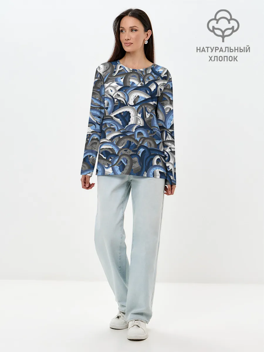 Лонгслив женский. Хлопок / Синий камуфляж с щупальцами