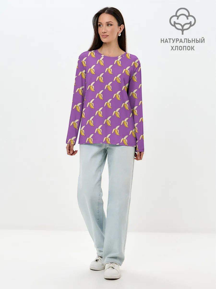 Лонгслив женский. Хлопок / Бананы на лиловом паттерн