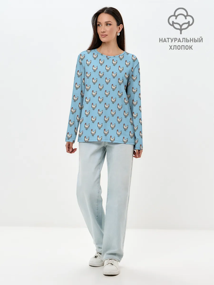 Лонгслив женский. Хлопок / Белая курочка паттерн