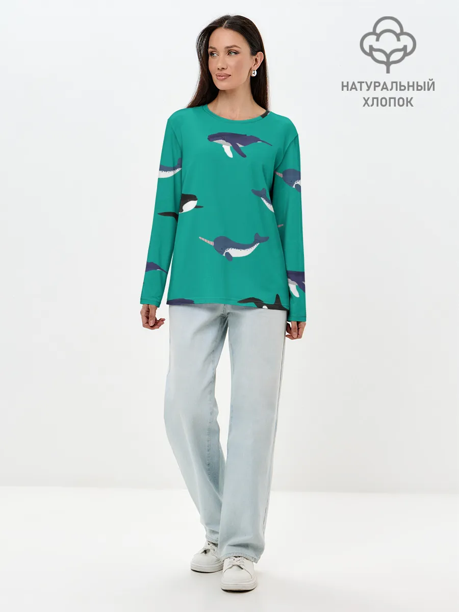 Лонгслив женский. Хлопок / Нарвал, киты, касатка паттерн